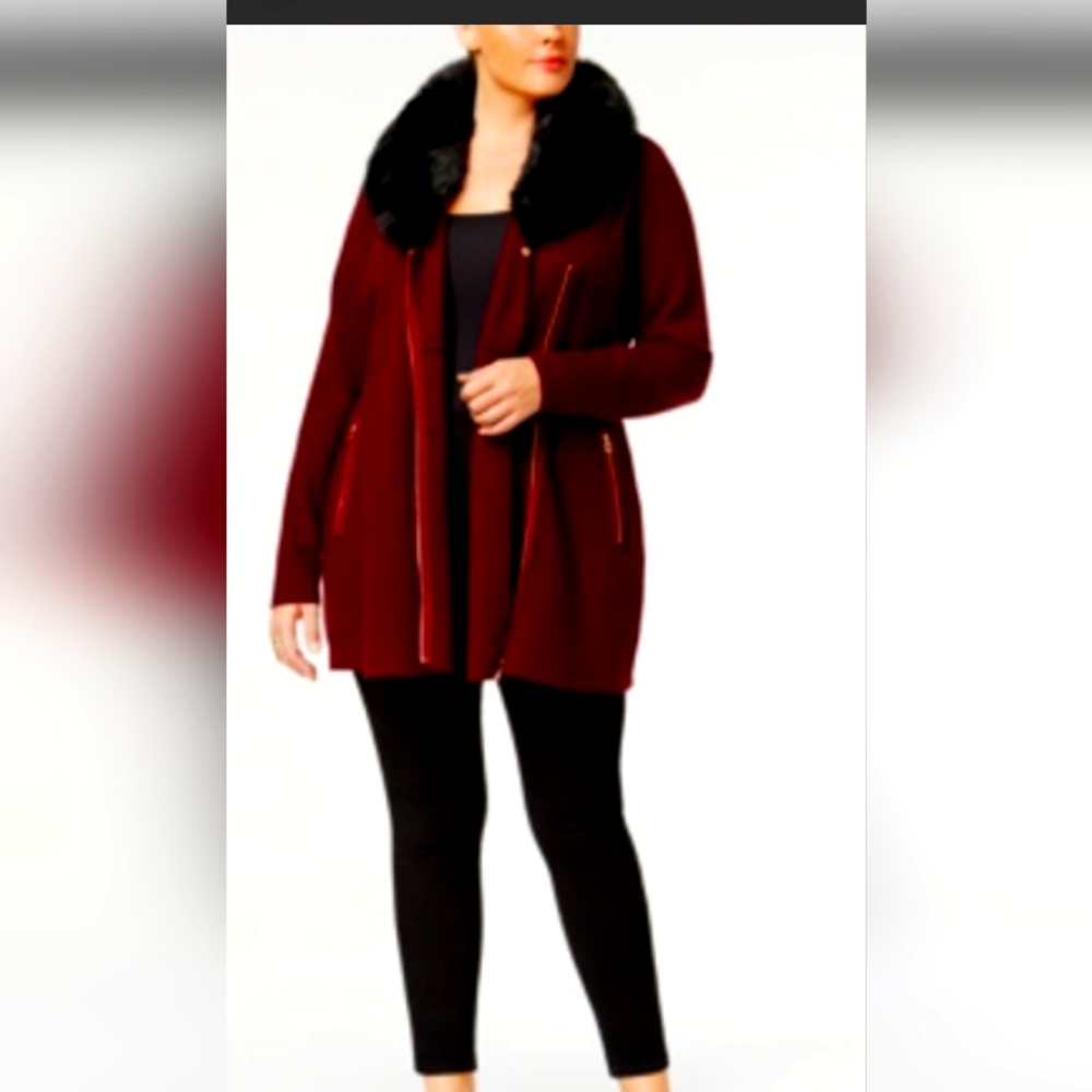 Women Belldini Faux Fur Trim Gold Zip Cardigan.Size 1X